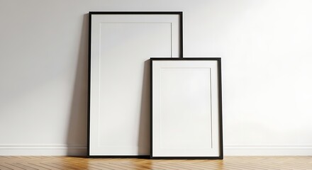 Minimalist Frame Mockup - Two Black Frames Leaning Against White Wall.