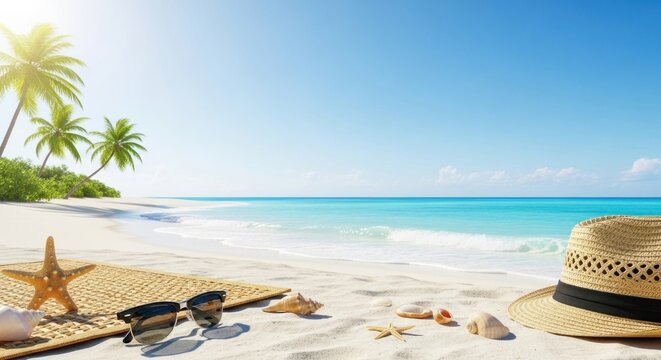 A beach scene with a straw hat, sunglasses, and seashells on the sand.