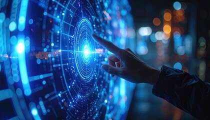 Close up Hand Touching Futuristic Digital Interface With Glowing Blue Lights and Cityscape Bokeh Background