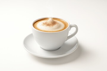 Fototapeta premium Cappuccino in plain white ceramic cup on matching saucer gentle steam rising rich whipped milk foam dusted with fine cocoa powder