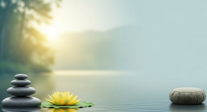 A serene lake with a stack of stones and a yellow lotus flower in the foreground. - Powered by Adobe