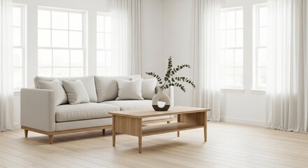 Fototapeta premium Bright Living Room Design Neutral Sofa Wooden Coffee Table Natural Light Interior Home Decor Contemporary Minimalist Apartment Modern Residence Comfortable Seating Eucalyptus Decor