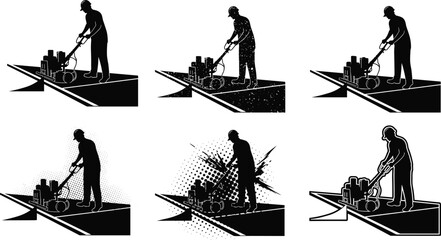 Silhouette vector illustration of worker operating floor polishing machine, grinding surfaces, cleaning process, safety gear, construction site, maintenance, repair, and industry