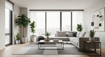 Fototapeta premium Modern Living Room Urban Apartment Interior Design Contemporary Residence City View Gray Sofa Large Window Plants Decor Minimalist Space Comfortable Furniture Sunny Light