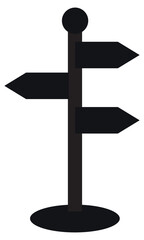 Black direction signpost icon, navigation pointer silhouette, travel route symbol for map or road guide design vector illustration