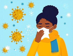 Illustration of a woman sneezing amidst virus particles