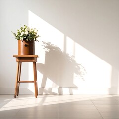 Indoor composition features a wooden stool with a floral arrangement