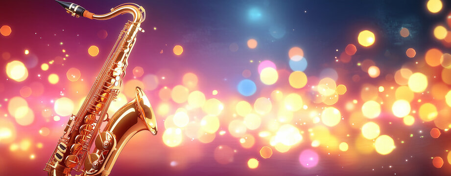 Golden saxophone on colorful bokeh background, evening street music mood with warm lights and festive atmosphere