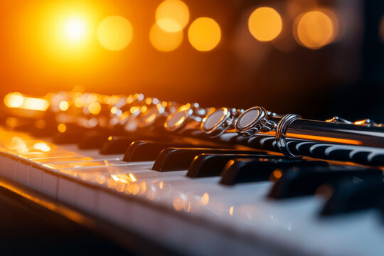 Silver flute on piano keyboard in warm bokeh light, intimate musical instrument closeup with reflective metal and glossy keys