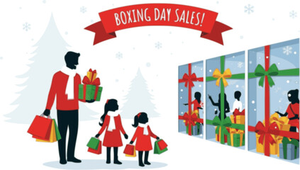 silhouette illustrations featuring boxing day sale discount gift box and festive stars vector