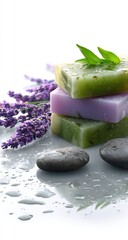 Three artisan soaps, layered, rest on smooth gray stones and wet surface, alongside fresh lavender sprigs