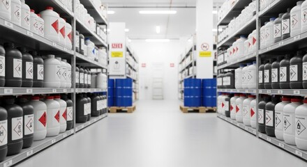 A clean, well-lit chemical storage room with rows of shelves filled with various chemical containers and labels.