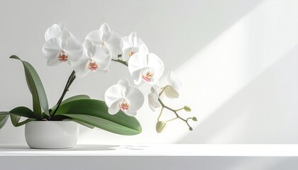White Phalaenopsis Orchid Plant with Green Leaves in a White Pot illuminated by Soft Sunlight creating Geometric Shadows on a White Surface