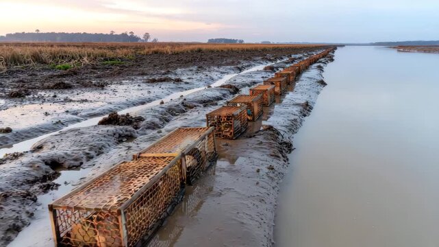 Rows of Oyster Farming Baskets on Mudflats at Low Tid