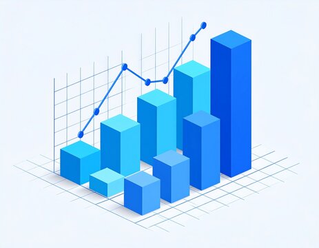 Isometric 3D bar and line chart illustration, blue shades, grid background