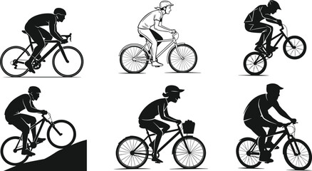 Fototapeta premium PrintCycling, silhouette, mountain bike, BMX, road bike, posture, stunt, helmet, sport, motion, vector, black and white, rider, uphill, casual, racing, illustration, active, transportation, concept