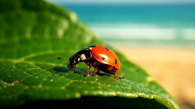 Close up of a ladybug on a green leaf with a beach and ocean in the background.