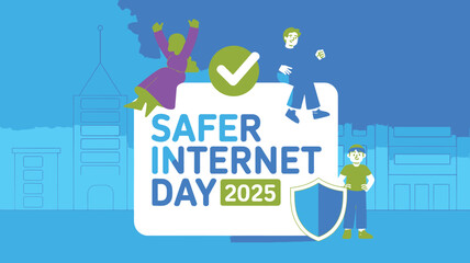 Cartoon Celebrating Safer Internet Day 2025 with Shield and Figures, Cityscape Background