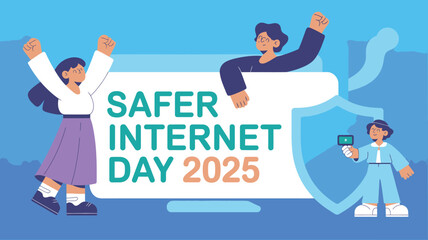 Cartoon Illustration Promoting Safer Internet Day 2025, Featuring Children and Digital Safety Concepts