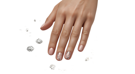 Elegant woman's hand with flawless nude manicure featuring modern silver art and sparkling embellishments, perfect for beauty and fashion campaigns.