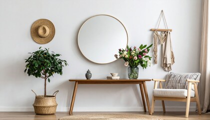Mirror on blank wall in scandinavian living room interior with flowers in vase on wooden table,minimal style with eco friendly concept,a lot of plants and personal accessories in cozy home decor.