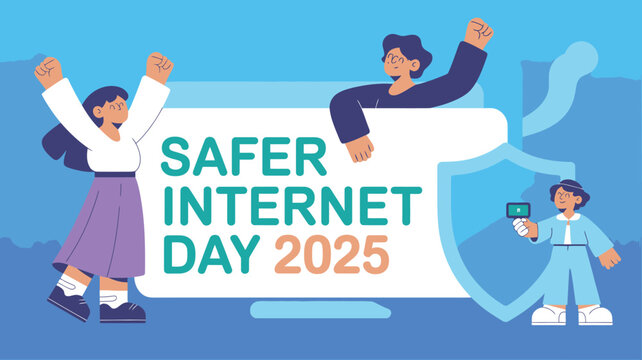 Cartoon Illustration Promoting Safer Internet Day 2025, Featuring Children and Digital Safety Concepts - Powered by Adobe