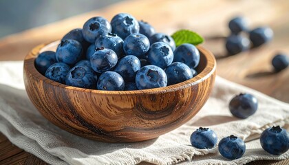 Close up of fresh blueberries in a rustic wooden bowl on a textured cloth with a blurred natural background