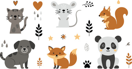 Delightful woodland animals create a charming kids' illustration, perfect for nursery decor or educational resources with friendly cat, dog, fox, and panda