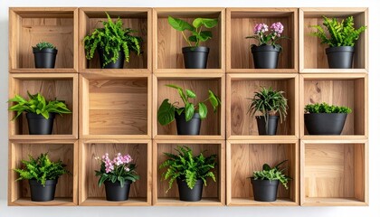 Modern interior decoration with green plants in black pots arranged inside wooden square frames on a wall.