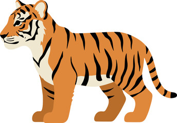 Flat Illustration Standing Orange Tiger with Black Stripe Animal Clipart