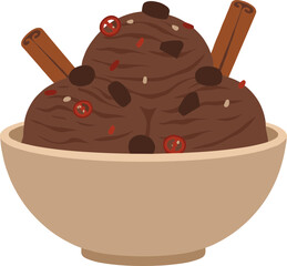 Flat Style Delicious Chocolate Ice Cream Scoops with Cinnamon Sticks in Bowl