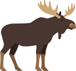 Simple Flat Color Illustration of a Moose Standing in Profile View