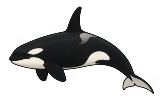 Orca or killer whale swimming, detailed digital illustration of marine mammal, full body view, transparent background