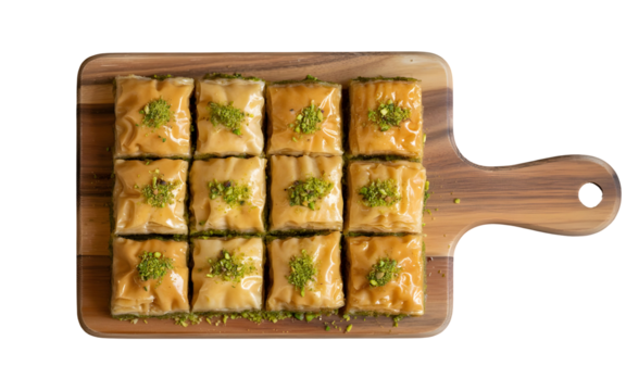Delicious syrupy baklava squares sprinkled with vibrant green pistachios presented beautifully on a rustic wooden board for a sweet treat.