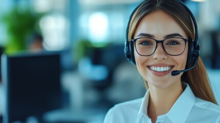Smiling customer service agent talking on headset. Gentle studio light. Blue corporate background.