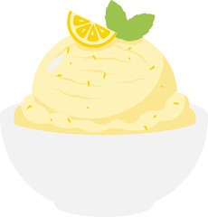 Flat Style Delicious Lemon Sorbet Ice Cream with Mint Leaf Dessert