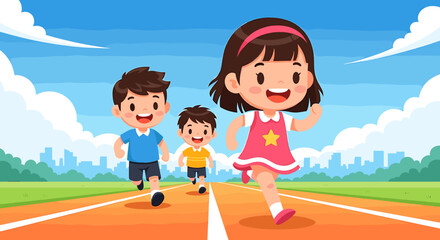 Joyful children race on a sunny track with a vibrant cityscape in the background, capturing healthy activity and childhood fun.