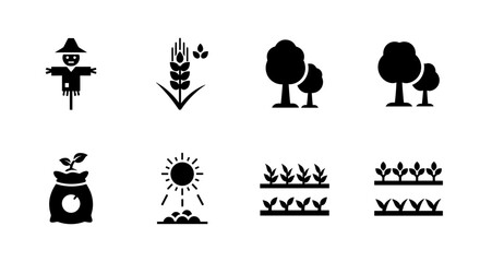 Charming collection of farm and nature icons: scarecrow, wheat, trees, seed bag, sun, and sprouting plants for agricultural themes