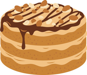 Flat Style Layered Cake with Chocolate Drizzle and Nut Topping Dessert
