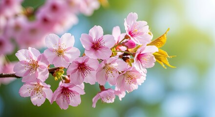 A pink cherry blossom branch with green leaves against a blurred green and blue background.