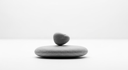 A single grey rock balanced on another grey rock in a minimalist setting.