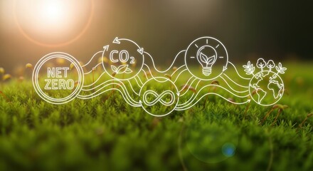 Green moss texture with glowing digital Net Zero and CO2 reduction icons for sustainability and ecology concept