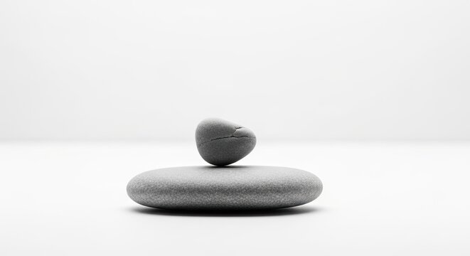 A single grey rock balanced on another grey rock in a minimalist setting.