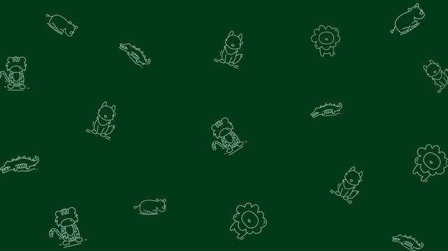 Jungle Animal Seamless Pattern in Minimal Doodle Style on Dark Green Background