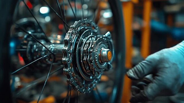Mechanic Adjusting Bicycle Gear in Workshop Setting