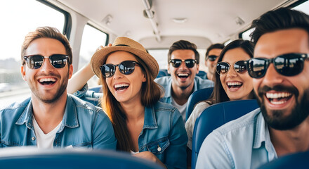 Happy friends enjoying road trip in a bus