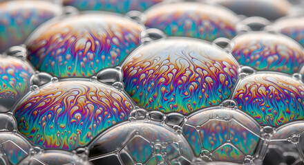 Iridescent soap bubbles showing colorful abstract surface patterns
