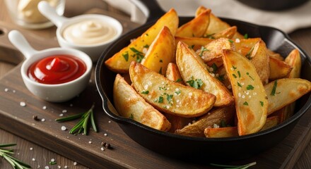 A pan of crispy potato wedges with herbs and salt, served with dipping sauces.