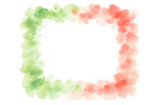 Watercolor irregular frame border with green and red soft paint creating an abstract artistic overlay design on transparent background