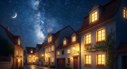 Village street under starry sky crescent moon
